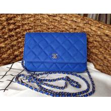 1:1 High Quality Chanel Classic WOC Grained Leather Wallet On Chain Bag Blue For Sale