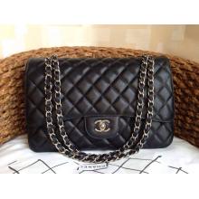 1:1 Replica Chanel Clemence Leather Classic Double Flap Shoulder Maxi Bag Black With Silver Hardware