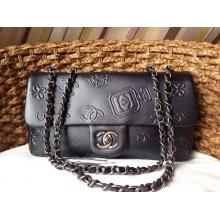 Cheap Chanel Iconic Symbols Embossed Classic Flap Shoulder Bag Black