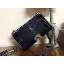 Copy Chanel Boy Flap Shoulder Bag Silver In Original Pearl Leather Black