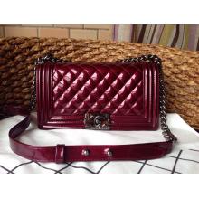 Copy Chanel Medium Metallic Patent Leather Le Boy Flap Shoulder Bag Burgundy