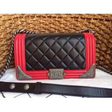 Fake Chanel Le Boy with Silver Embellished Flap Shoulder Bag Black&Red at AU