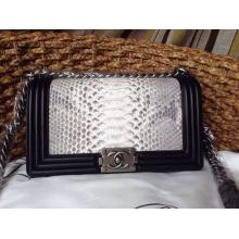 Fake Luxury Chanel Le Boy Flap Shoulder Medium Bag Silver In Original Python Leather White&Black