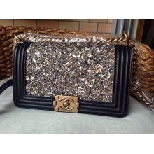 Fashion Chanel Crystal Strass Embossed Le Boy Flap Shoulder Bag Gold/Black