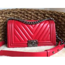 First-Class Chanel Calfskin Chevron Quilting Boy Flap Bag Red 2015