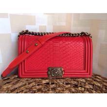 High Quality Imitation Chanel Le Boy Flap Shoulder Medium Bag In Original Python Leather Pure Red