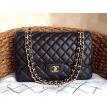 Imitation Chanel Clemence Leather Classic Double Flap Shoulder Maxi Bag Black With Gold Hardware