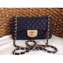 Imitation Chanel Leather with Crystal Logo Classic Double Flap Shoulder Bag Blue USA