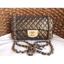 Imitation Chanel Leather with Crystal Logo Classic Double Flap Shoulder Bag Golden