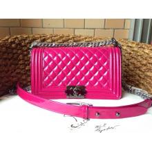 Imitation Chanel Medium Metallic Patent Leather Le Boy Flap Shoulder Bag Fushia