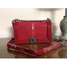 Imitation Hot Chanel Boy Flap Shoulder Bag Silver In Original Pearl Leather Red