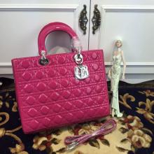 Imitation Lady Dior Large Bag in Patent Leather Fushia With Silver Hardware