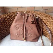 Knockoff Chanel Calfskin Leather Drawstring Bucket Shoulder Bag Khakin