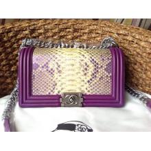 Knockoff Hot Chanel Le Boy Flap Shoulder Medium Bag In Original Python Leather White&Purple Online Sale