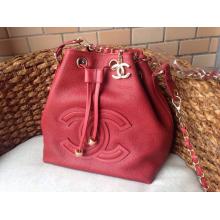 Luxury Chanel Calfskin Leather Drawstring Bucket Shoulder Bag Red