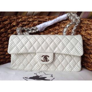 1:1 Chanel Perforated Leather Classic Double Flap Shoulder Bag White