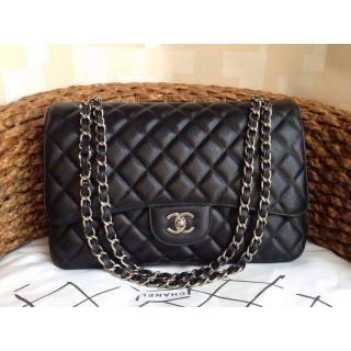 1:1 Replica Chanel Clemence Leather Classic Double Flap Shoulder Maxi Bag Black With Silver Hardware