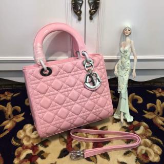 AAAAA Copy Lady Dior Medium Bag in Patent Leather Pink With Silver Hardware