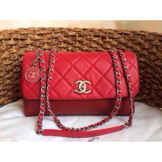 Best Chanel Clemence Leather Classic Double Flap Shoulder Bag with Chanel Badge Red