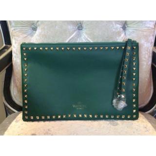 Best Quality Valentino Rockstud Platinum Studs Clutch Bag Green