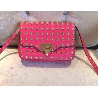 Best Valentino Rockstud All Over Finish Studs Chain Flap Shoulder Bag Fushia