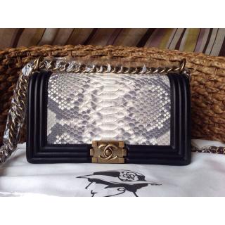 Cheap Chanel Le Boy Flap Shoulder Medium Bag Gold In Original Python Leather White&Black