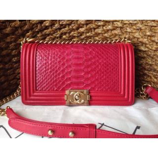 Cheap Luxury Chanel Le Boy Flap Shoulder Medium Bag Red In Original Python Leather