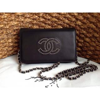 Copy AAAAA Chanel Studded CC Logo WOC Wallet On Chain Bag Black Dallas 2014