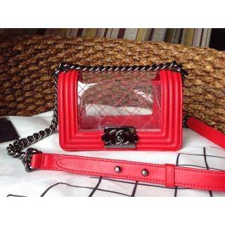 Copy Chanel Le Boy Clear PVC Flap Shoulder Bag Red at AU