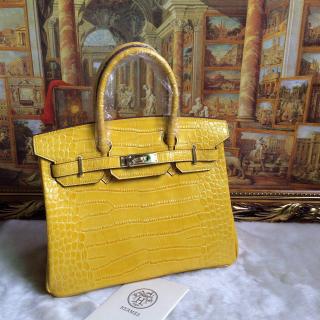 Copy Hermes Birkin 30/35 Crocodile Pattern Leather Bag Yellow UK