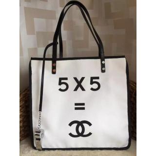 Copy High Quality Chanel Canvas Shopping Tote Small Bag with Whistle "5×5=X" 2015