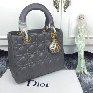 Copy Lady Dior Medium Bag in Lambskin Leather Gray With Gold Hardware