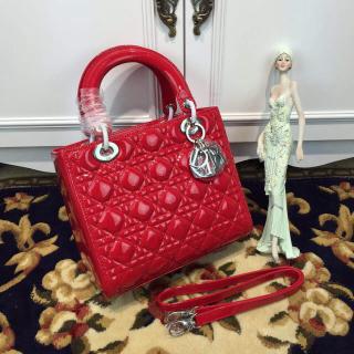 Copy Lady Dior Medium Bag in Patent Leather Red With Silver Hardware