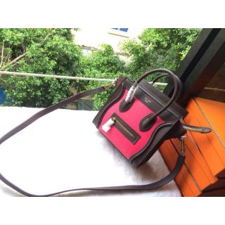 Designer Celine Luggage Nano Bag in Original Leather Fuchsia&Coffee