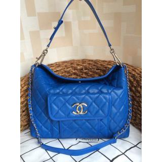 Fake Chanel Grained Calfskin Leather Shoulder Tote Bag Blue