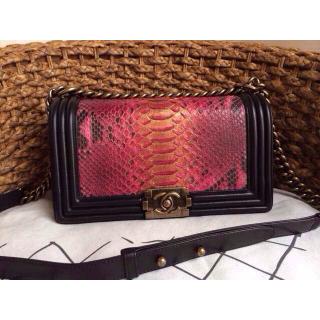 Fake High Quality Chanel Le Boy Flap Shoulder Medium Bag In Original Python Leather Fuchsia