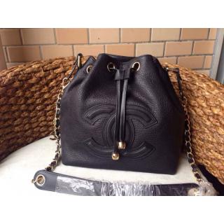 Fashion Fake Chanel Calfskin Leather Drawstring Bucket Shoulder Bag Black