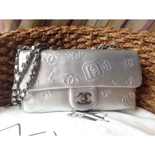 Fashion Replica Chanel Iconic Symbols Embossed Classic Flap Shoulder Bag Silver