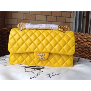 High Imitation Chanel Lambskin Leather Classic Double Flap Shoulder Bag Yellow