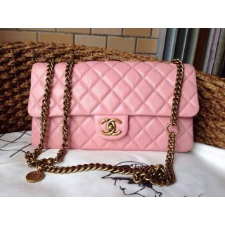 High Quality Chanel Clemence Leather Classic Double Flap Shoulder Bag Pink