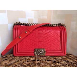 High Quality Imitation Chanel Le Boy Flap Shoulder Medium Bag In Original Python Leather Pure Red