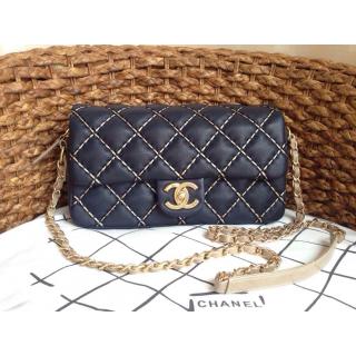 Imitation Chanel Calfskin Leather Large Stitch Classic Double Flap Shoulder Bag Blue Dallas Fall 2014