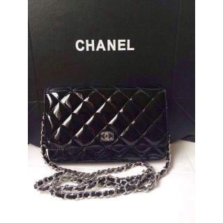 Imitation Chanel Classic WOC Patent Leather Wallet On Chain Bag Black With Silver Hardware