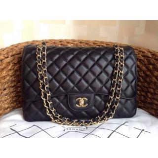 Imitation Chanel Clemence Leather Classic Double Flap Shoulder Maxi Bag Black With Gold Hardware