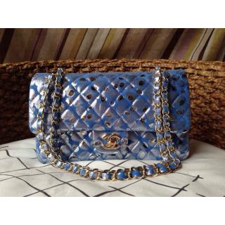 Imitation Chanel Deerskin Leather Graffiti Classic Flap Shoulder Bag Blue