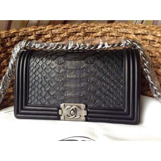 Imitation Chanel Le Boy Flap Shoulder Medium Bag silver In Original Python Leather Black