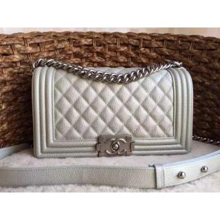 Imitation Chanel Metallic Silver Boy Flap Bag in Caviar Calfskin Leather 2015