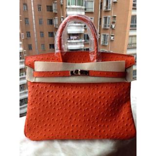 Imitation Hermes Birkin Ostrich Pattern Leather Bag Orange at USA