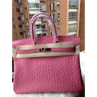 Imitation Hermes Birkin Ostrich Pattern Leather Bag Pink at USA