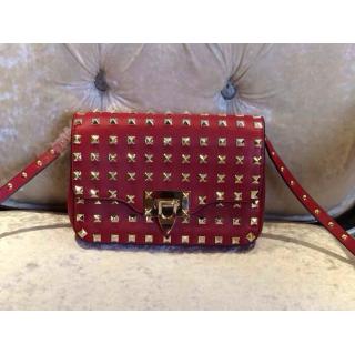 Imitation Valentino Rockstud All Over Finish Studs Chain Flap Shoulder Bag Red with Gold